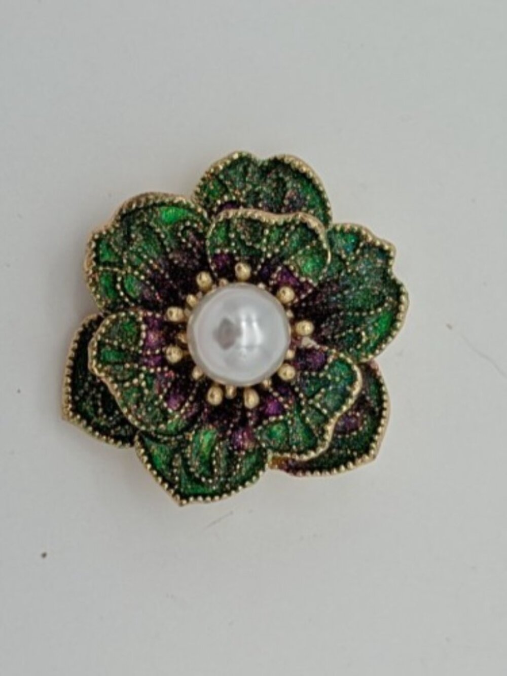 Green purple Enamel Rose Flower faux pearl center pin Brooch